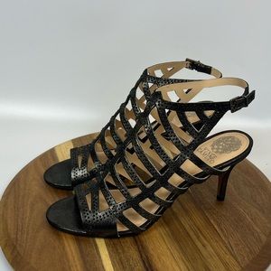 Vince Camuto webbed pewter metallic heel with rhinestone detail. Size 10. NWT.